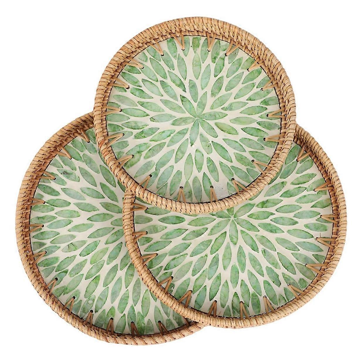 3Pcs Round Rattan Wicker Tray with Mother of Pearl Inlay Boho Rattan Tray Round Wicker Trays Coffee