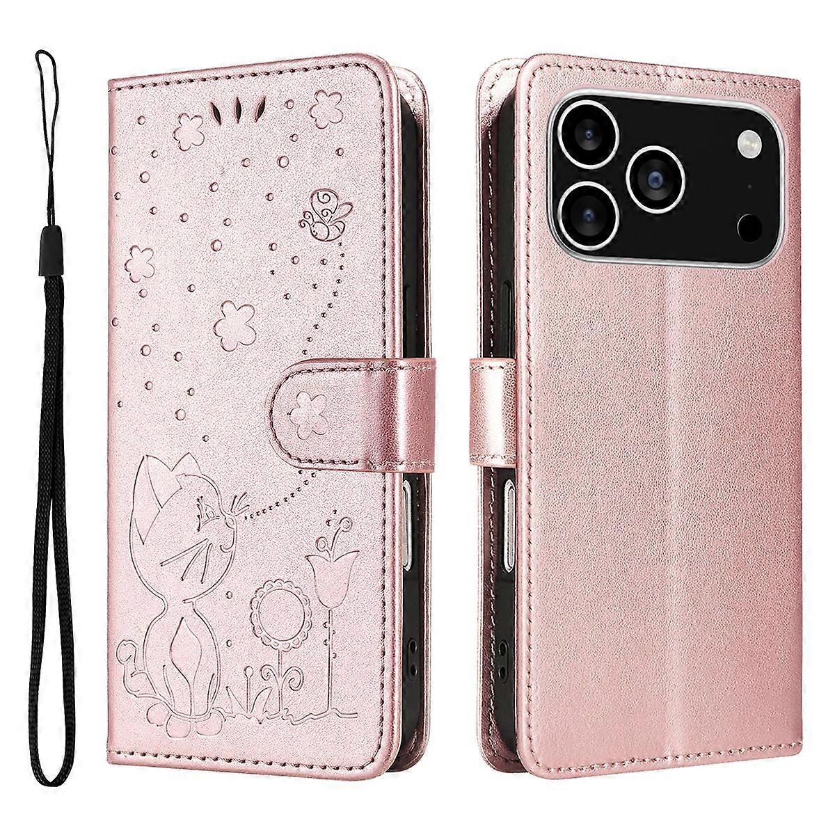 For iPhone 17 Pro Leather Wallet Case Cat Bee Pattern Phone Cover Stand