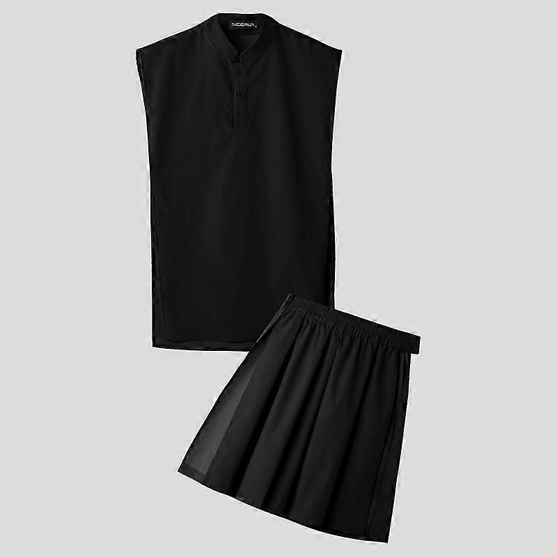 INCERUN Two-piece Suits Men Stand Neck Sleeveless Tops Splits Pleated Skirts Outfit Casual Sets