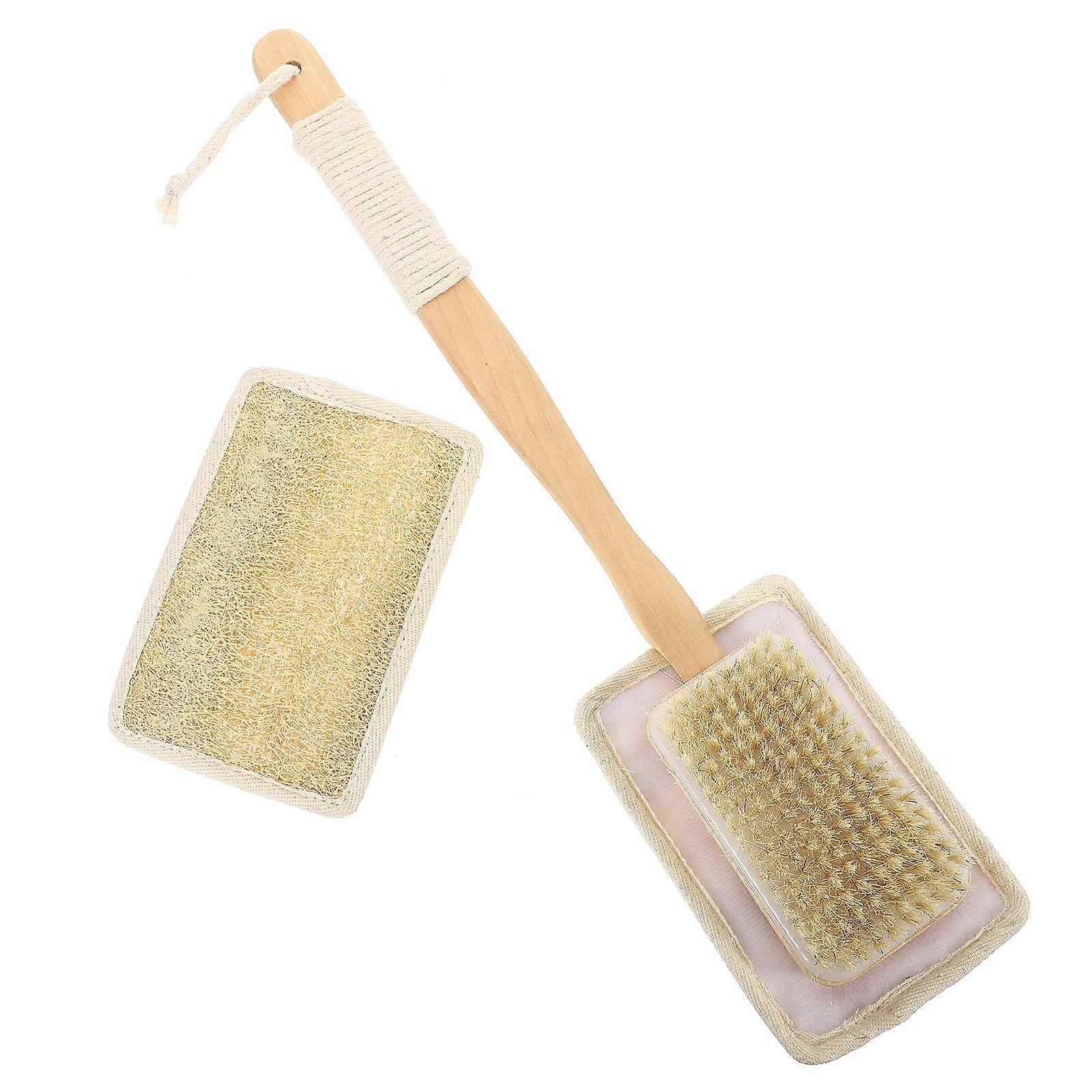 Long Handle Bath Brush with Durable Luffa Material Gentle Exfoliating Shower Scrubber for Back Cleaning and Easy Storage