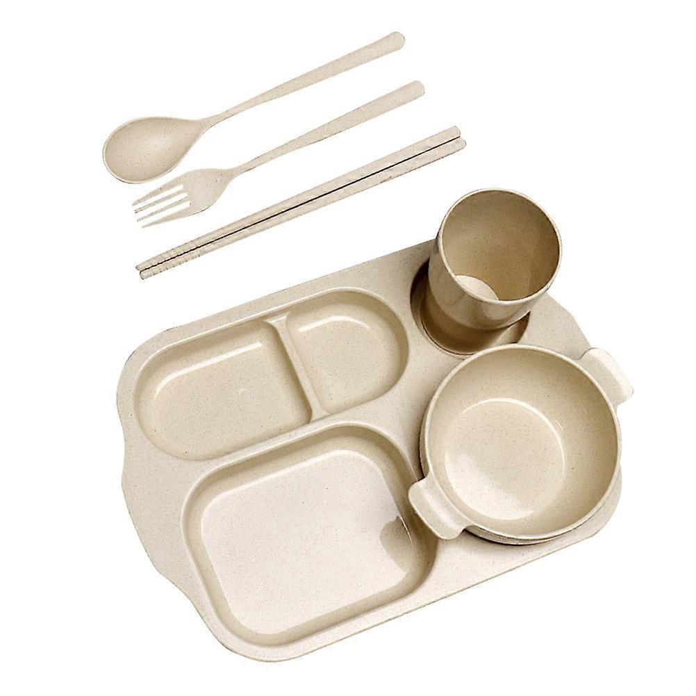 Food-Safe Straw Tableware Set For Toddlers Dining Featuring Yellow Plate Bowl Cup Spoon Fork And Chopsticks 6Pcs