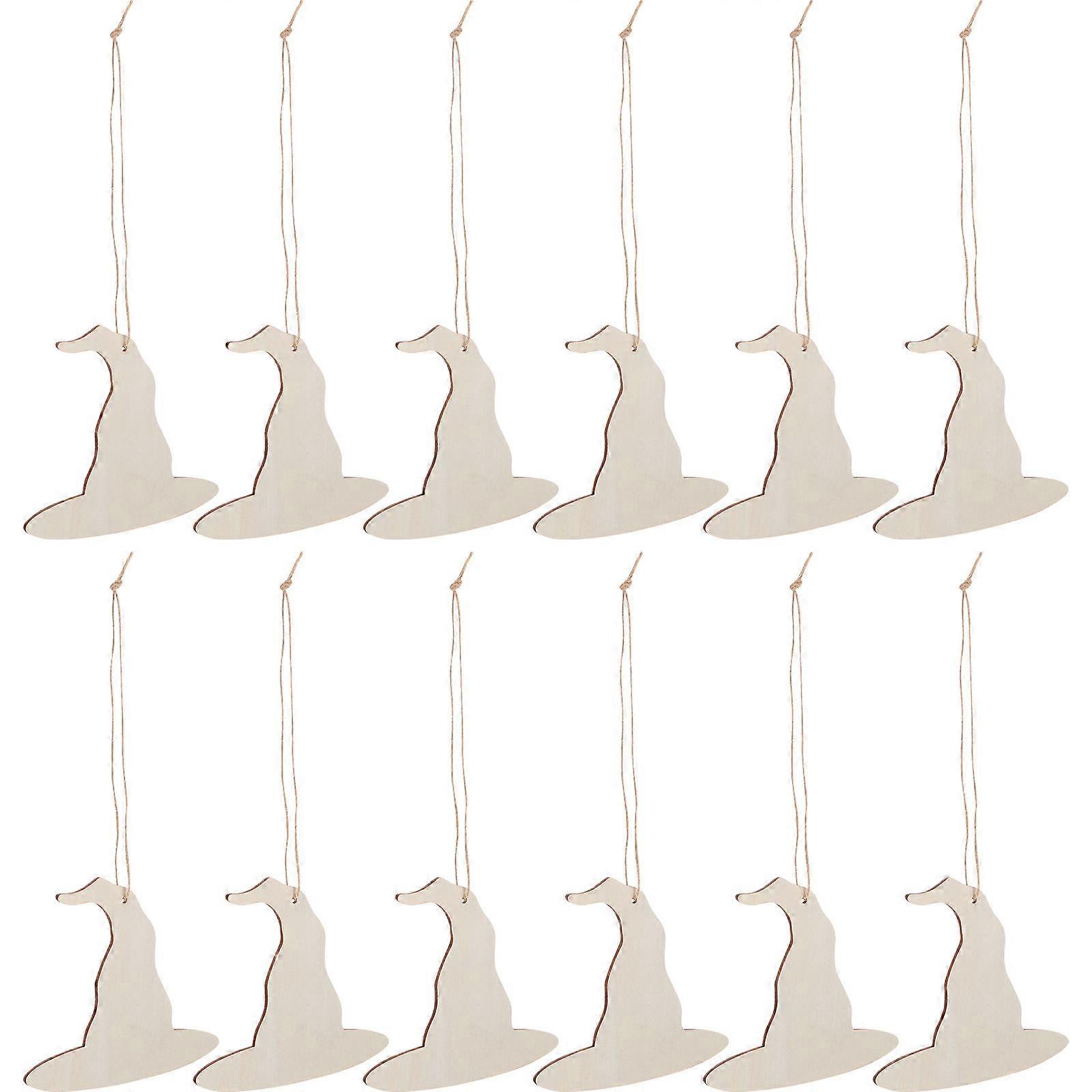 Wooden Witch Hat Cutouts with Twine 30 pcs for DIY Halloween Decorations, Smooth Surface for Painting, Crafting, and Holiday Hanging Ornaments