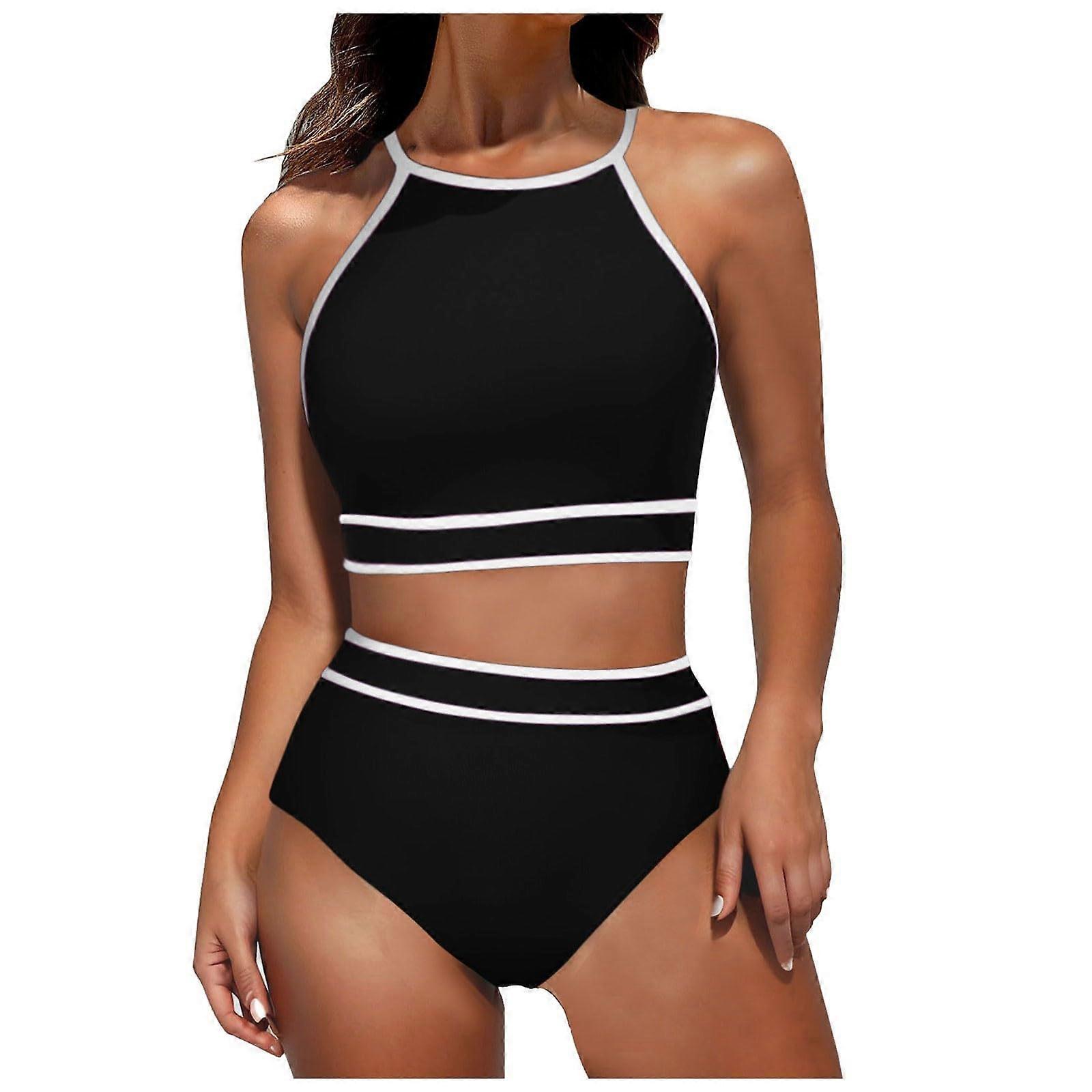 Bikini Women's Set High Waist Push Up Sports Bikini Two Piece Colour Block Crop Top and Bikini Briefs Beachwear Schwarz M