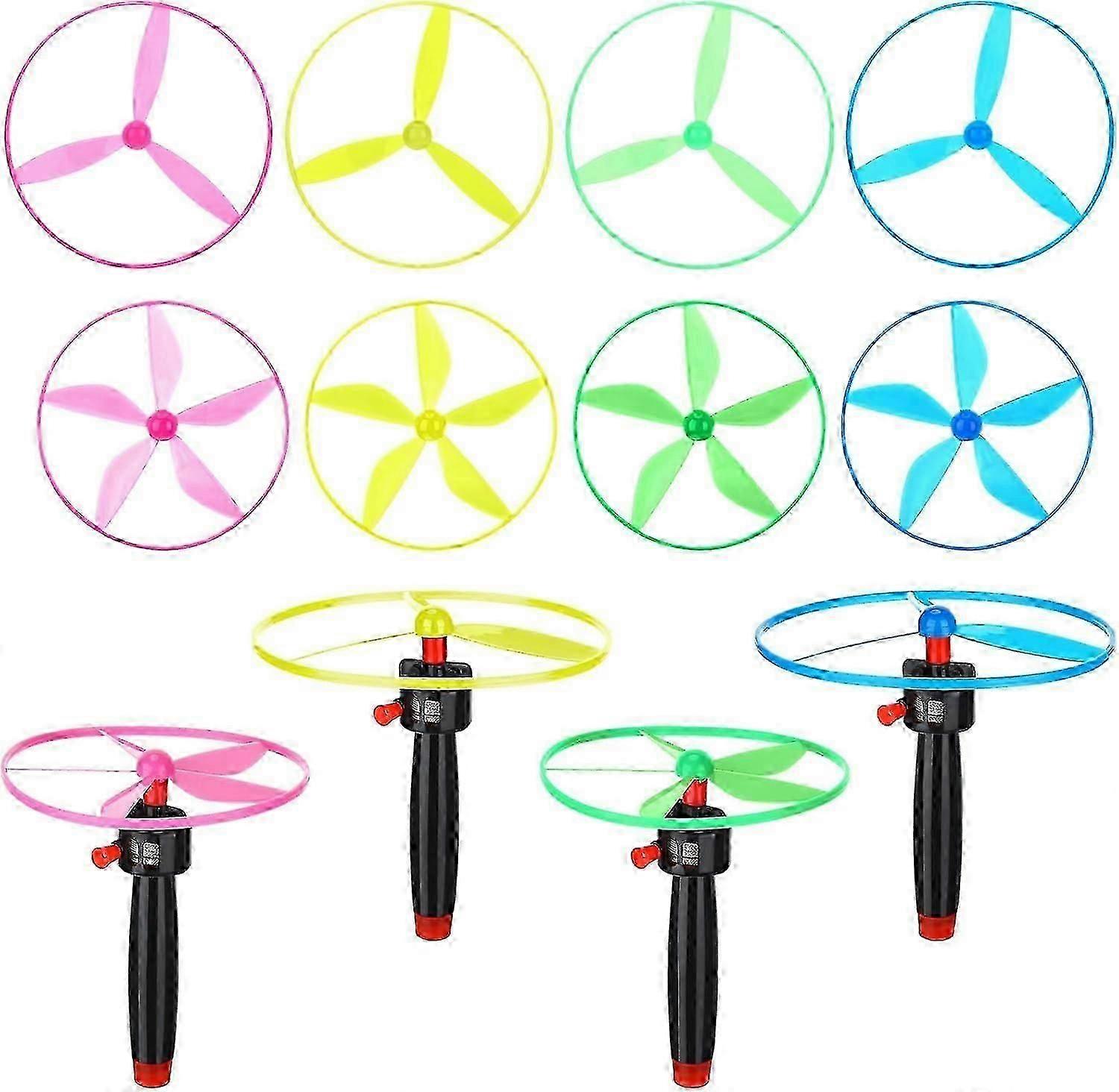 12 Pcs Flying Saucer Flying Disc Toy Helicopter Toy Disco Flyers Include 4 String Launchers and 8 Flying Saucer Flying Disc Launcher Flying Toys Littl