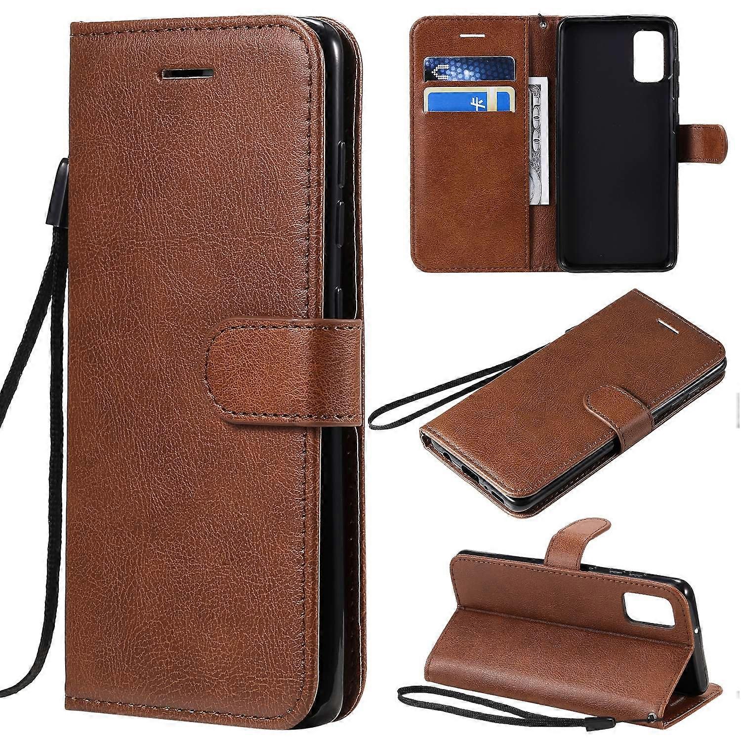 For Samsung Galaxy A41 (Global Version) Case Solid Color Leather Mobile Cover Wallet Stand with Stra