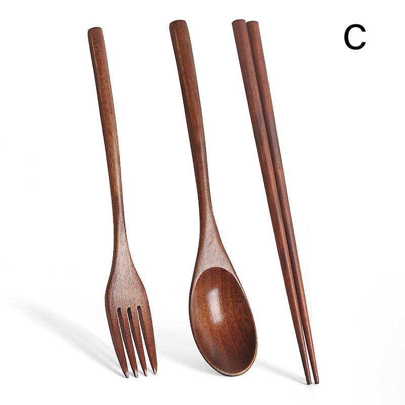 Natural Wood Spoon Chopsticks And Fork Set Grain Handmade Household Tableware