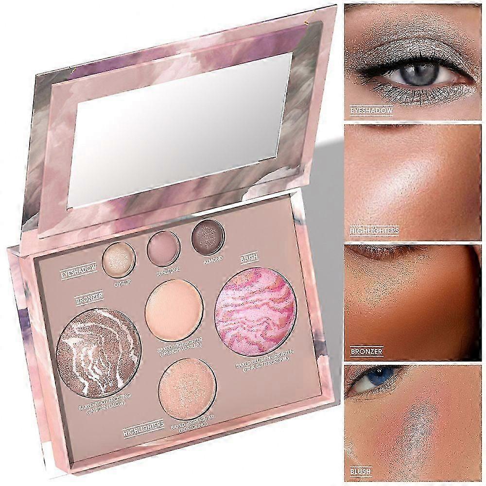 Baked Full Face Makeup Palette with Mirror - Bronzer, Blush, 2 Highlighters & 3 Eyeshadows - Multifunctional Travel Size 7 in 1 Palette Travel & Daily