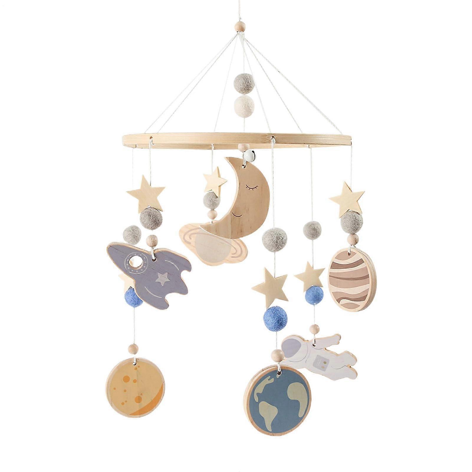 Crib Mobile Wooden Nursery Decor 360 Degree Rotating Space Pattern Standard Crib Size Natural Wood Finish