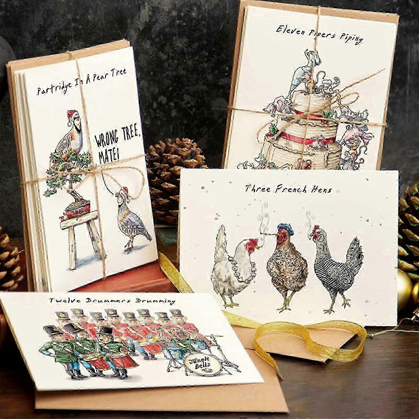 12 Quirky Christmas Cards - Twelve Days Set w/ Envelopes - Perfect for Gifts