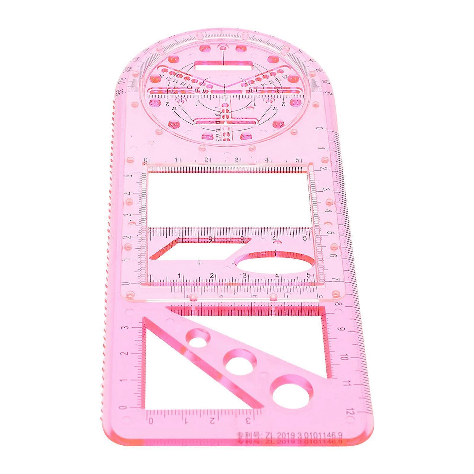 Geometric Drawing Template Multi-Functional Ruler for School Supply Pink Plastic with Measuring Function 1Set