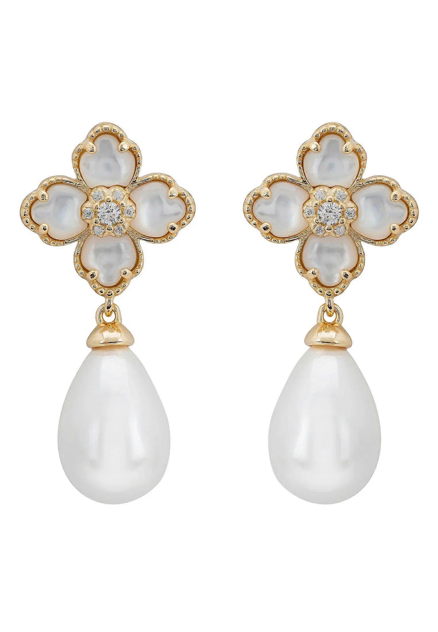Latelita Women's Gold Plated 925 Sterling Silver Flower Clover Pearl Drop Earrings with Mother of Pearl and Cubic Zirconia - Size: N/A
