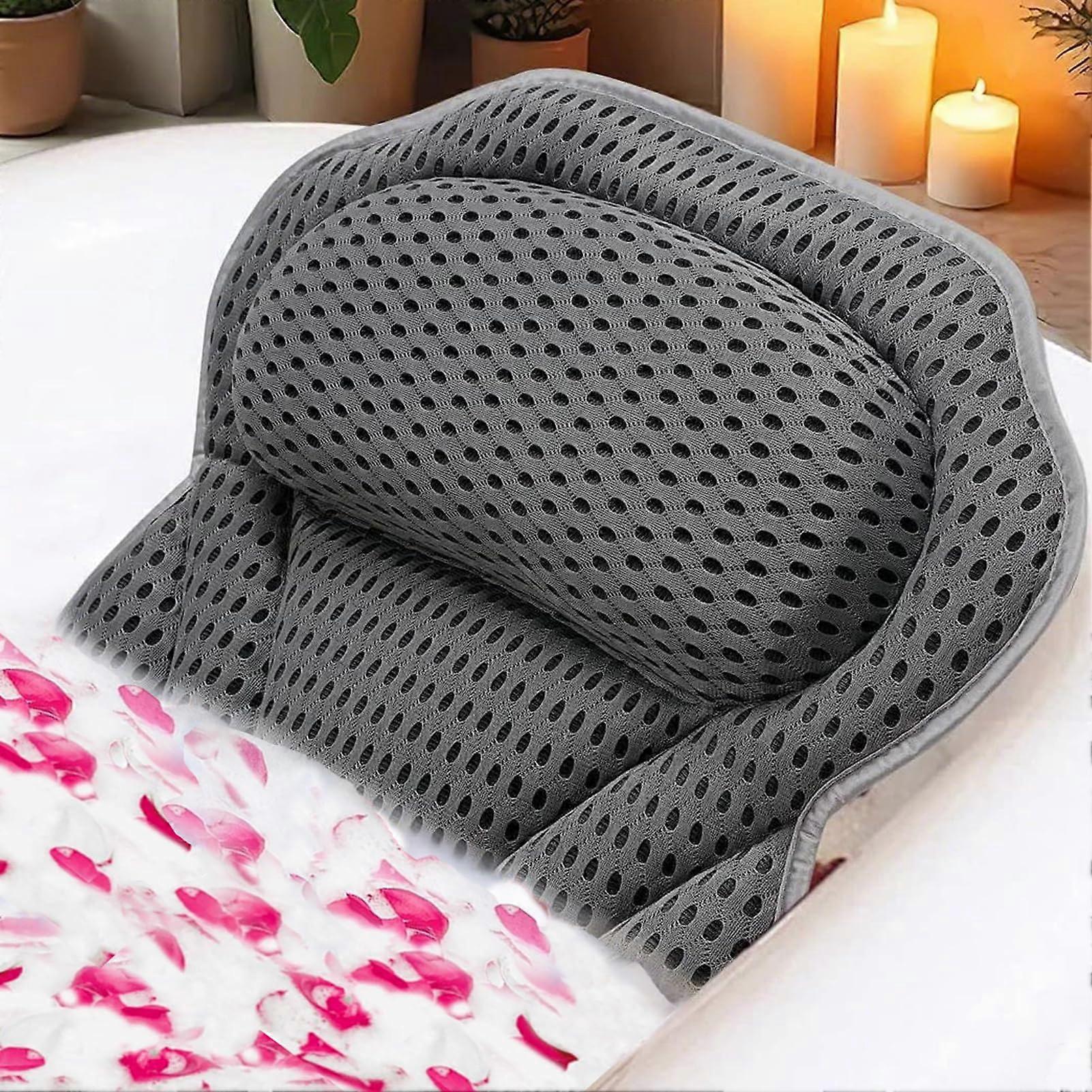 Bath Pillow NonSlip Bath Cushion For Head And Neck 4D Air Mesh Headrest With Suction Cups Fits Tubs And Spas Grey