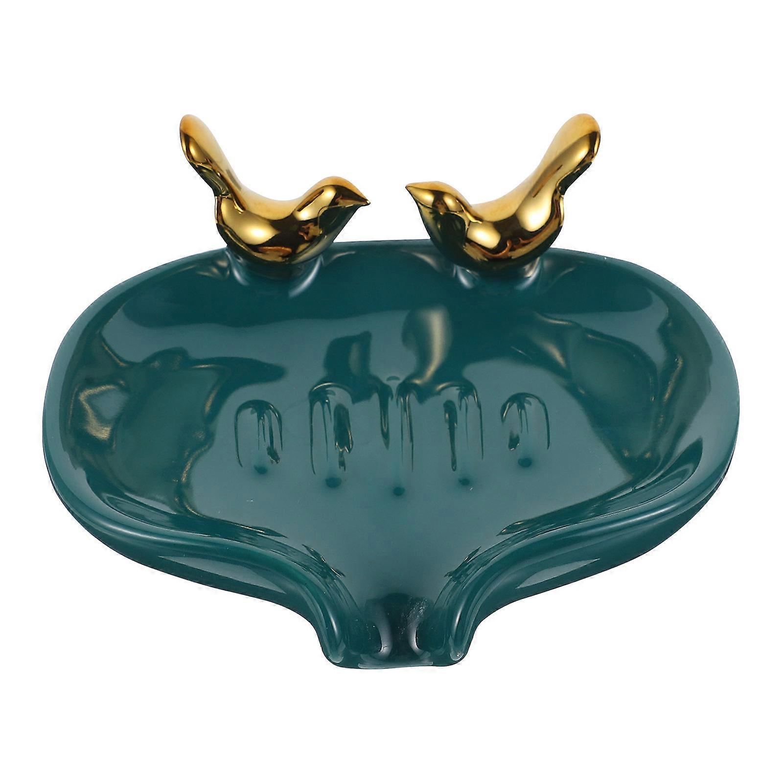 Bathroom Ceramic Soap Box for Draining Use with 2Pcs Green Stand