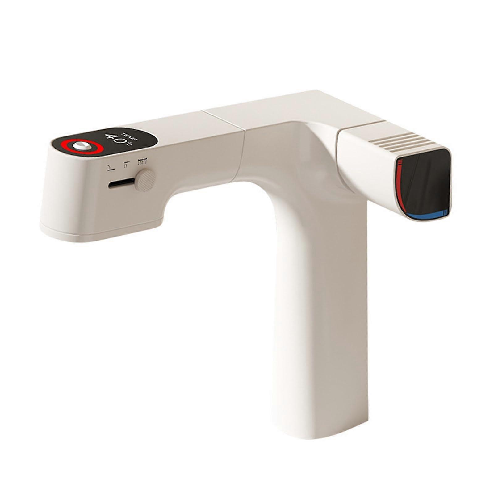 Waterfall Bathroom Sink Faucet 3Function PullOut Sprayer, LED Temperature Display, Brass CreamWhite, SingleHandle