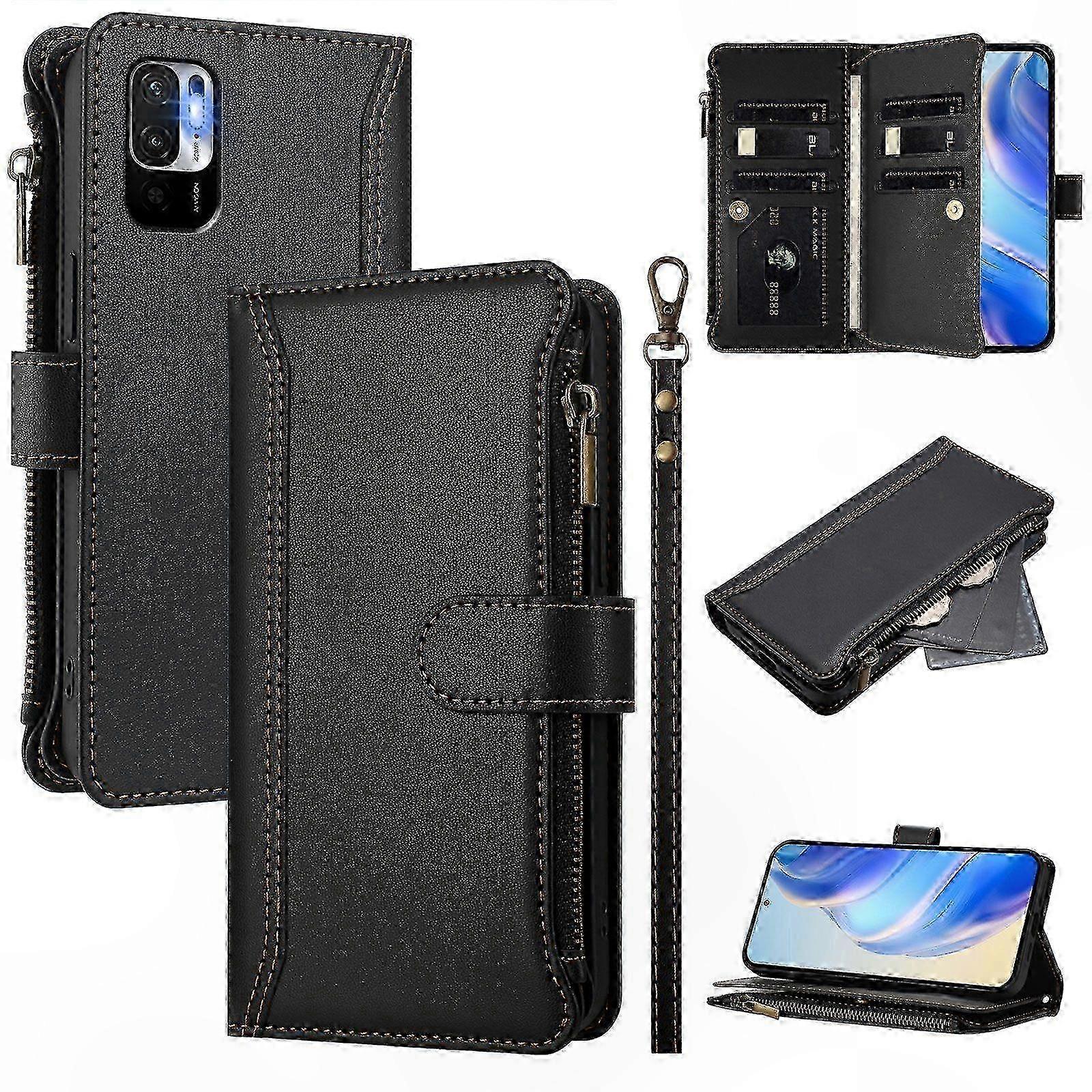 Leather Wallet Case with Zipper Pocket for 5G Phones, 9 Card Slots & Detachable Wrist Strap, Compatible with Note 10 5G