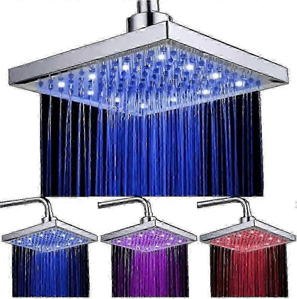 Square 12 Led Chrome Finish Abs Plastic Overhead Shower With Temperature Control, 3 Color Change, 8"