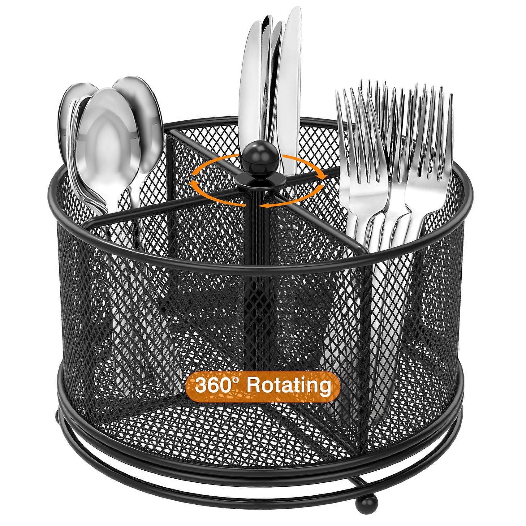 360° Rotating Utensil Caddy with 4 Compartments, Metal Mesh Silverware Organizer for Kitchen and Outdoor