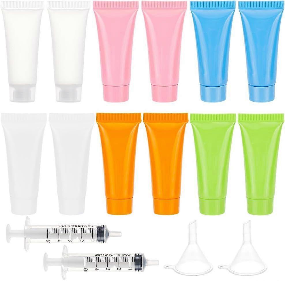 24 Pcs 10ml Squeeze Tubes 6 Color Plastic Empty Makeup Sample Bottles with 2 Pcs Funnels and 2 Pcs Needleless Syringes Travel Size Containers for Hair