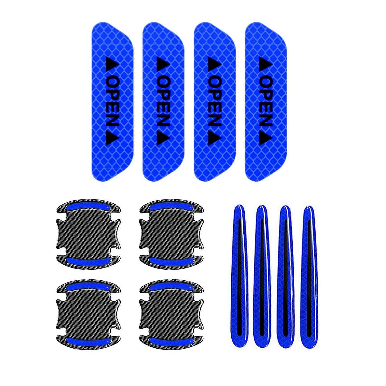 12Pcs Car Reflective Stickers Set with 8Pcs Carbon Fiber Door Handle Protectors and 4Pcs Warning Decals for Nighttime Safety Visibility (Blue)