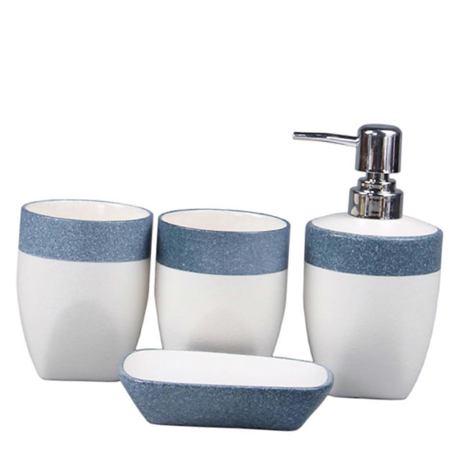 Modern 4 Piece Bathroom Accessories Set with Soap Dispenser and Organizer Tray in Blue for Home