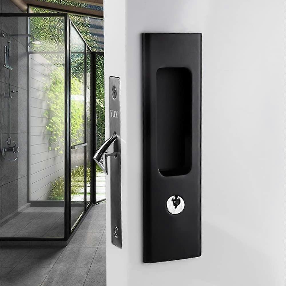 Matte Black Pocket Door Lock with Keys, Recessed Sliding Handle, Secure Privacy Hardware