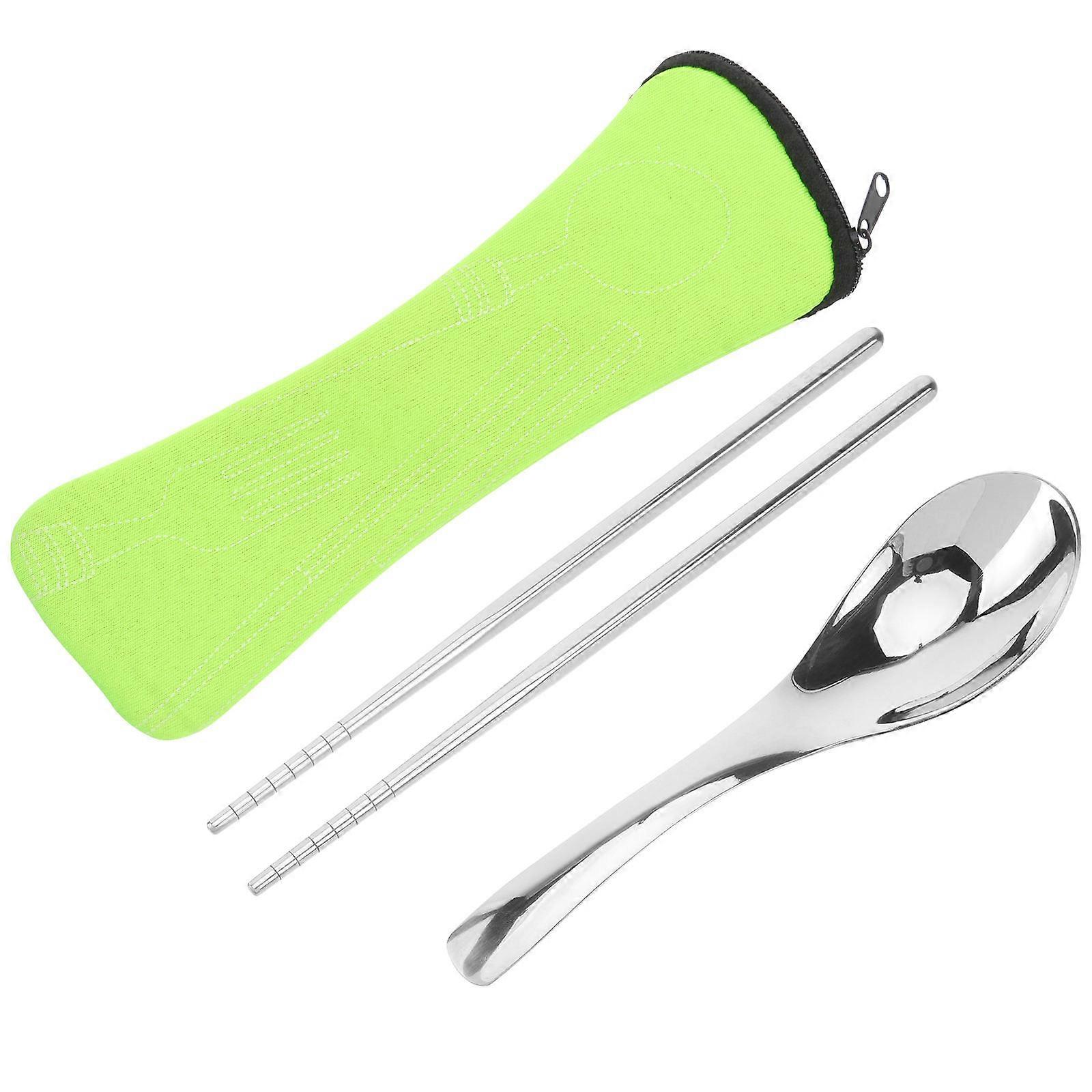 Reusable Spoon Fork Portable Stainless Steel Tableware for Green Silver 1Set
