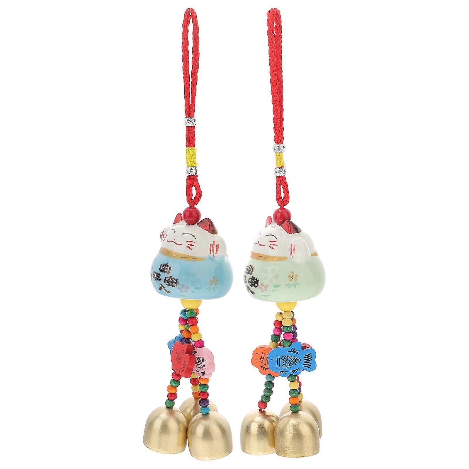Fortune Cat Hanging Wind Bell for Decoration 2Pcs Ceramic Pendant