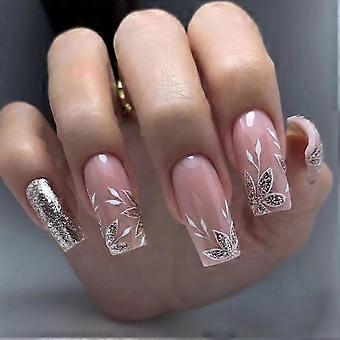 Long Square Nude Pink Press on Nails with Glitter Leaf Design, Full Cover Glossy Fake Nails with Glue