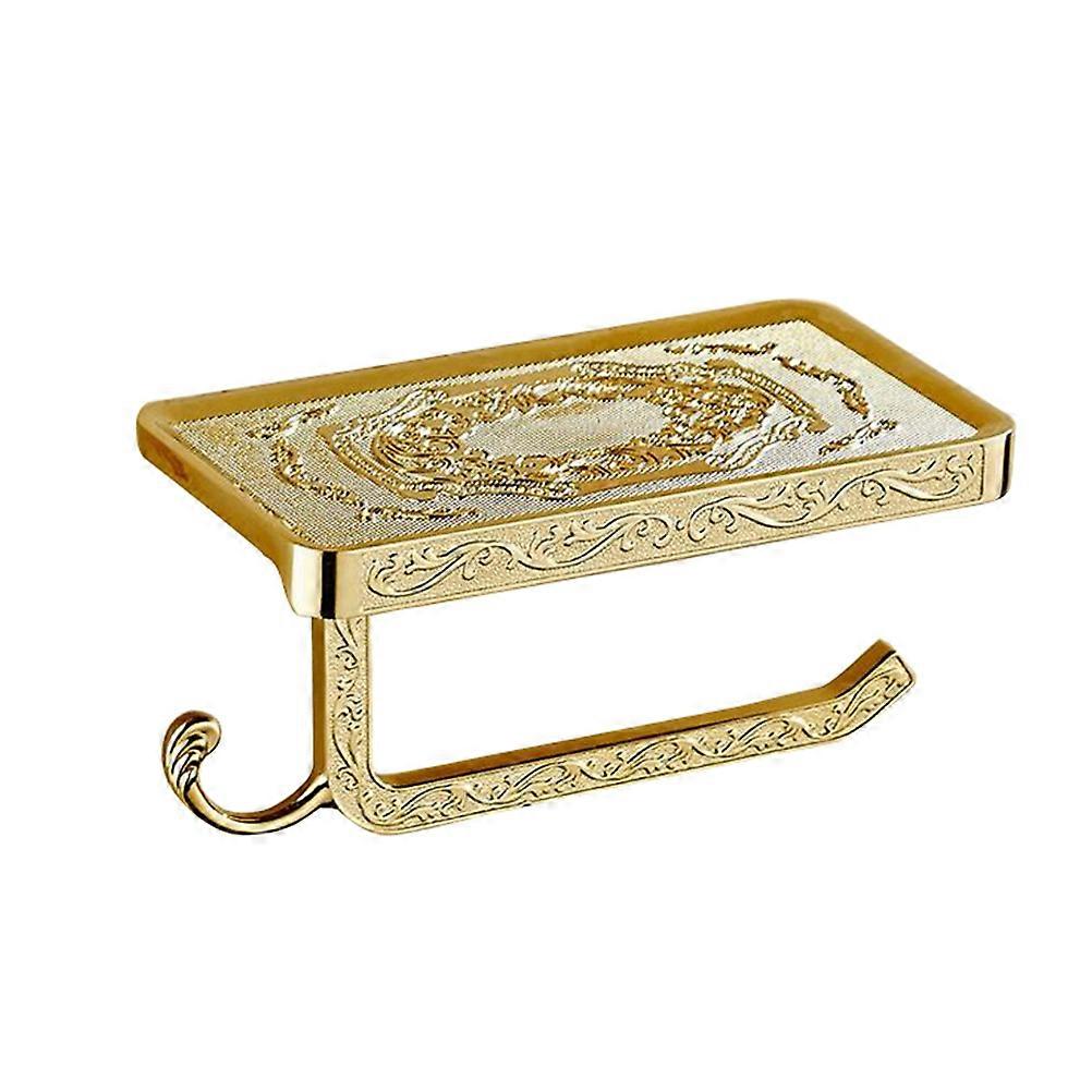Bathroom Phone Holder Roll Paper Towel Rack Wall Mount Storage Organizer Golden Rectangular 1Set