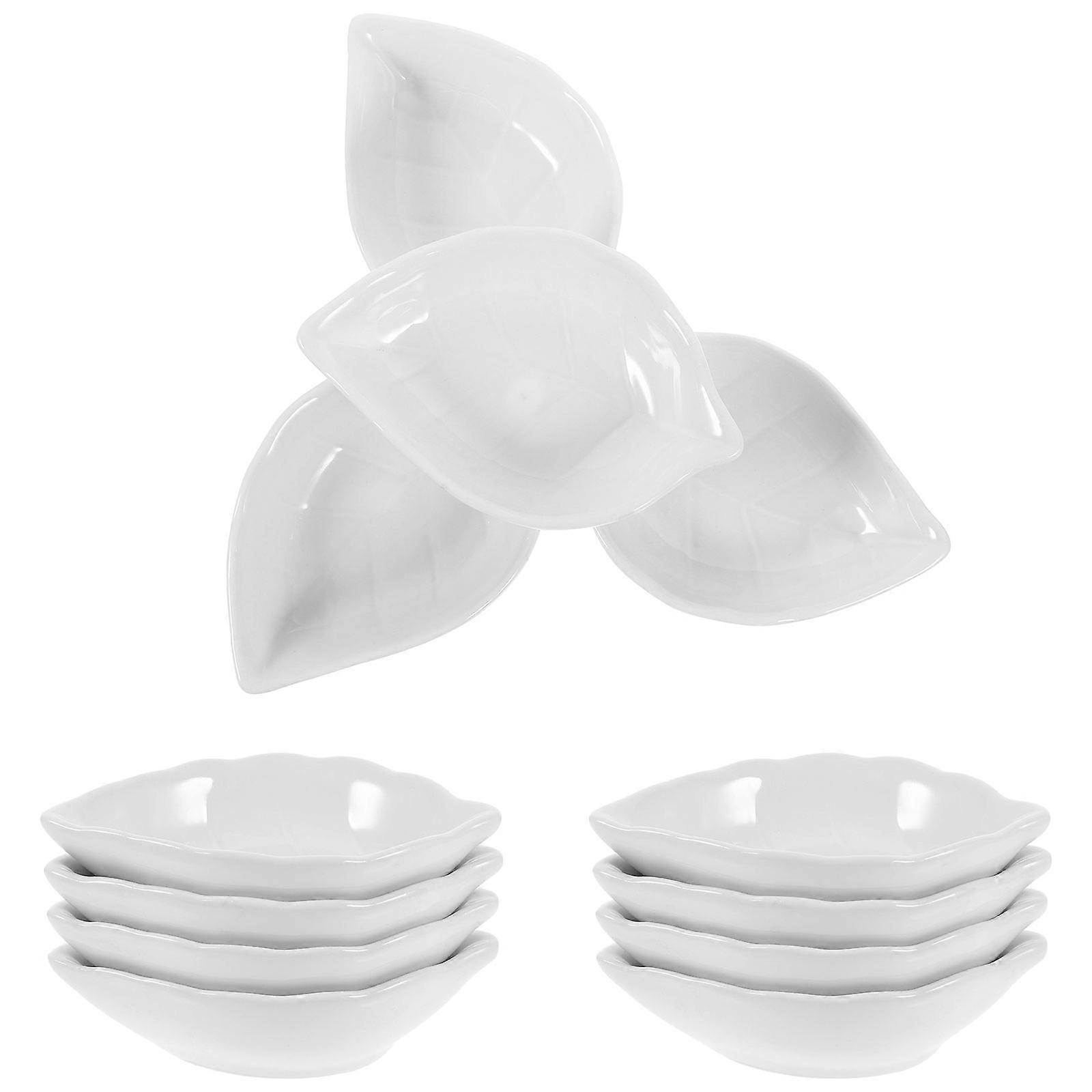 Ceramic Dipping Sauce Dish Leaf Shape Bowl for 14Pcs Set White