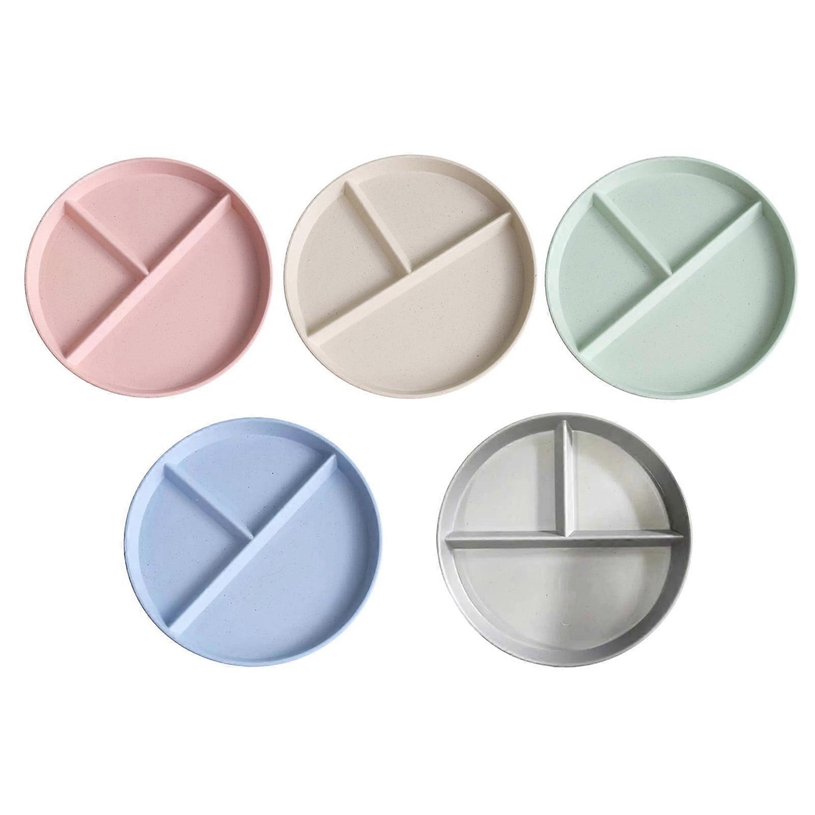 5Pcs Divided Bamboo Plates with Three Compartment, Reusable Lightweight Divided Dish Set Stackable Divider Plates Microwave Safe, Multicolor