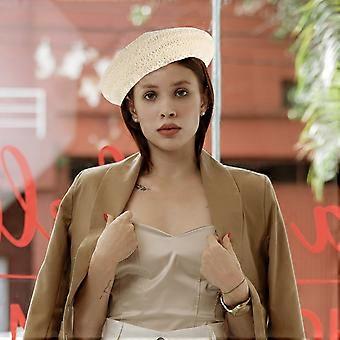 Béret vintage ajouré pour le printemps et l'été, chapeau tissé décontracté pour les vacances et les voyages (beige)
