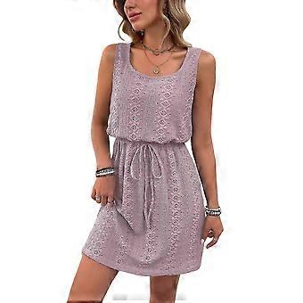 Women Hollow Out Textured Drawstring Mini Dress Pink Purple XXL