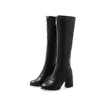 Women's High-heeled Boots Autumn and Winter New Thick-heeled Solid-color Large-size Medium Boots