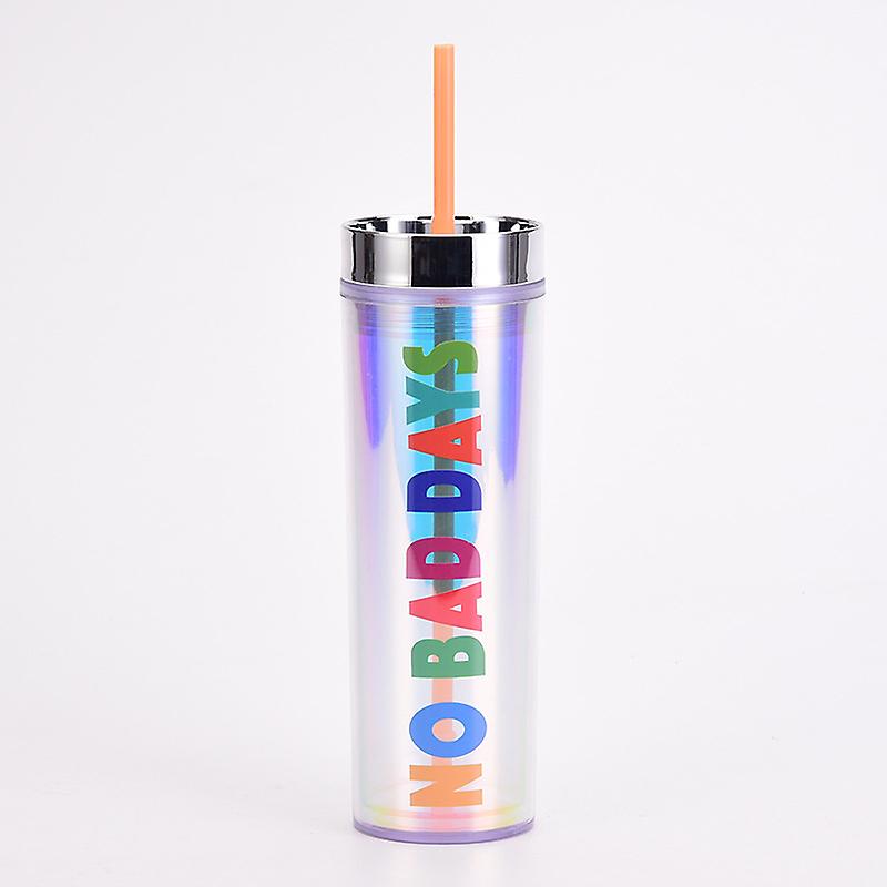 16oz plastic straw cup creative straight body water cup magic color electroplating lid double layer plastic cup