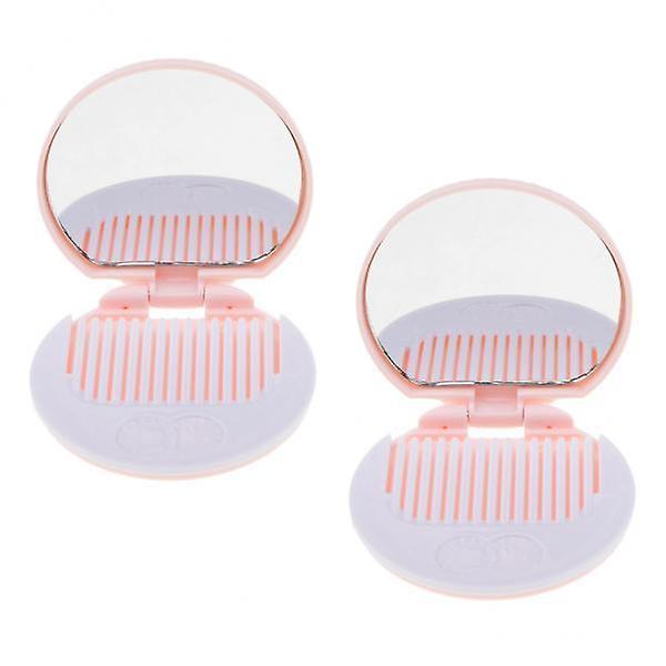 6x2 Round Folding Makeup Mirror Compact with Comb Pocket Biscuit Size Cute Pink