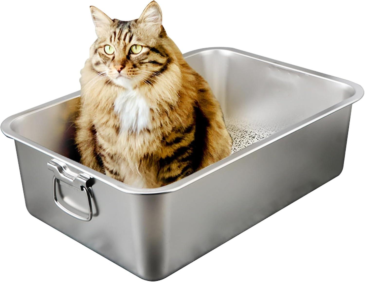 Stainless Steel Litter Box with Handle 15.8x11.8x5.9in High Sides Metal Litter Box Rustproof Scratchproof Extra Large Cat Litter Box for Cat Rabbit