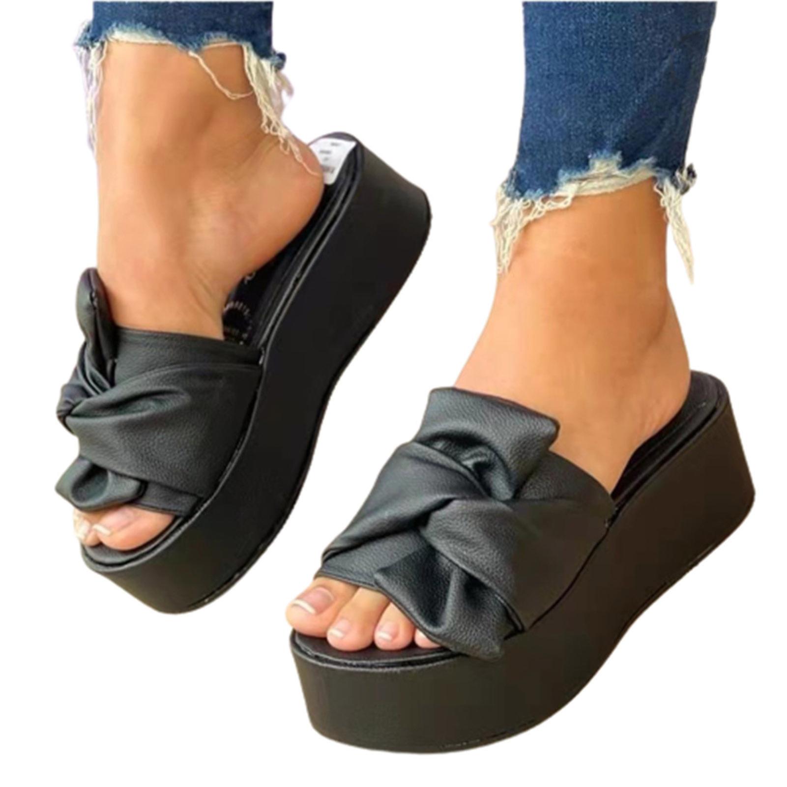 Women's Platform Slippers Sandals Flat Heel Bowknot PU Summer Slide Shoes