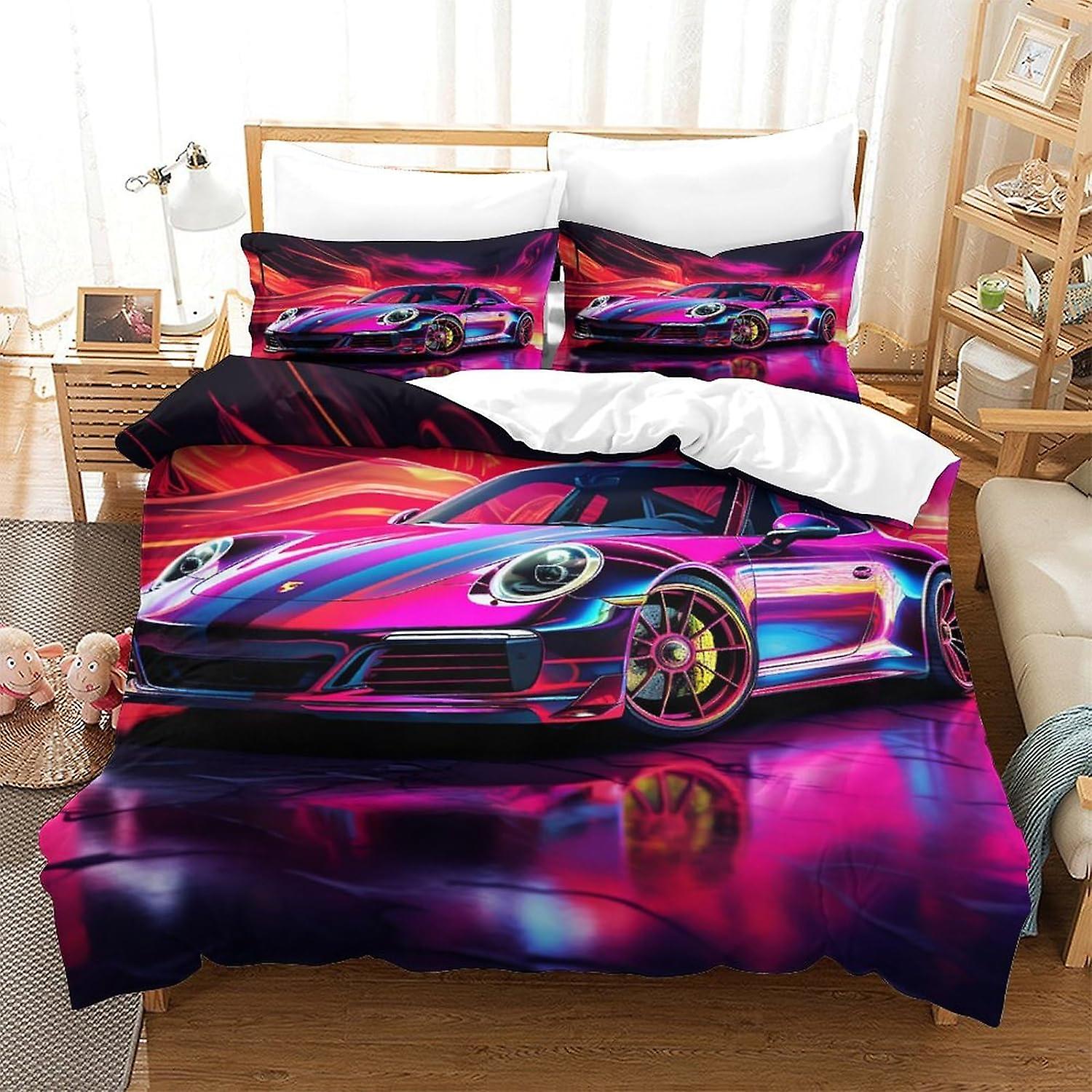Porsche 911 σετ 3 τεμαχίων, 3D τυπωμένα κλινοσκεπάσματα, μαξιλαροθήκη, κρυφό φερμουάρ, πολύχρωμα σπορ αυτοκίνητα Κάλυμμα παπλώματος μικροϊνών για ενήλικες και παιδιά