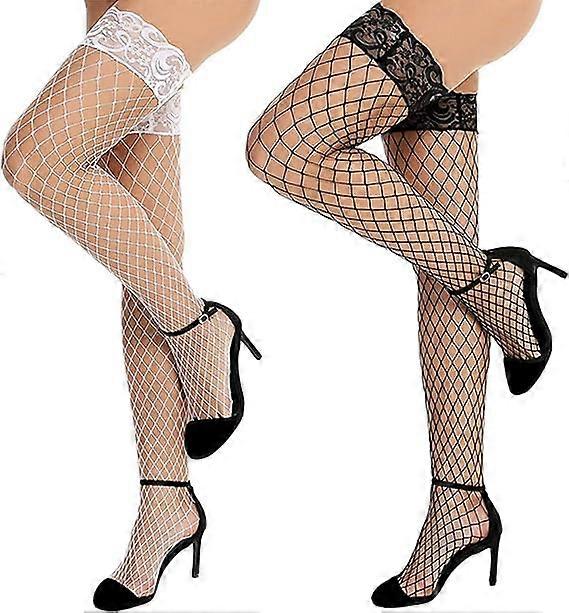 2 pairs of fishnet stockings (white and black), lace fishnet thigh-hi