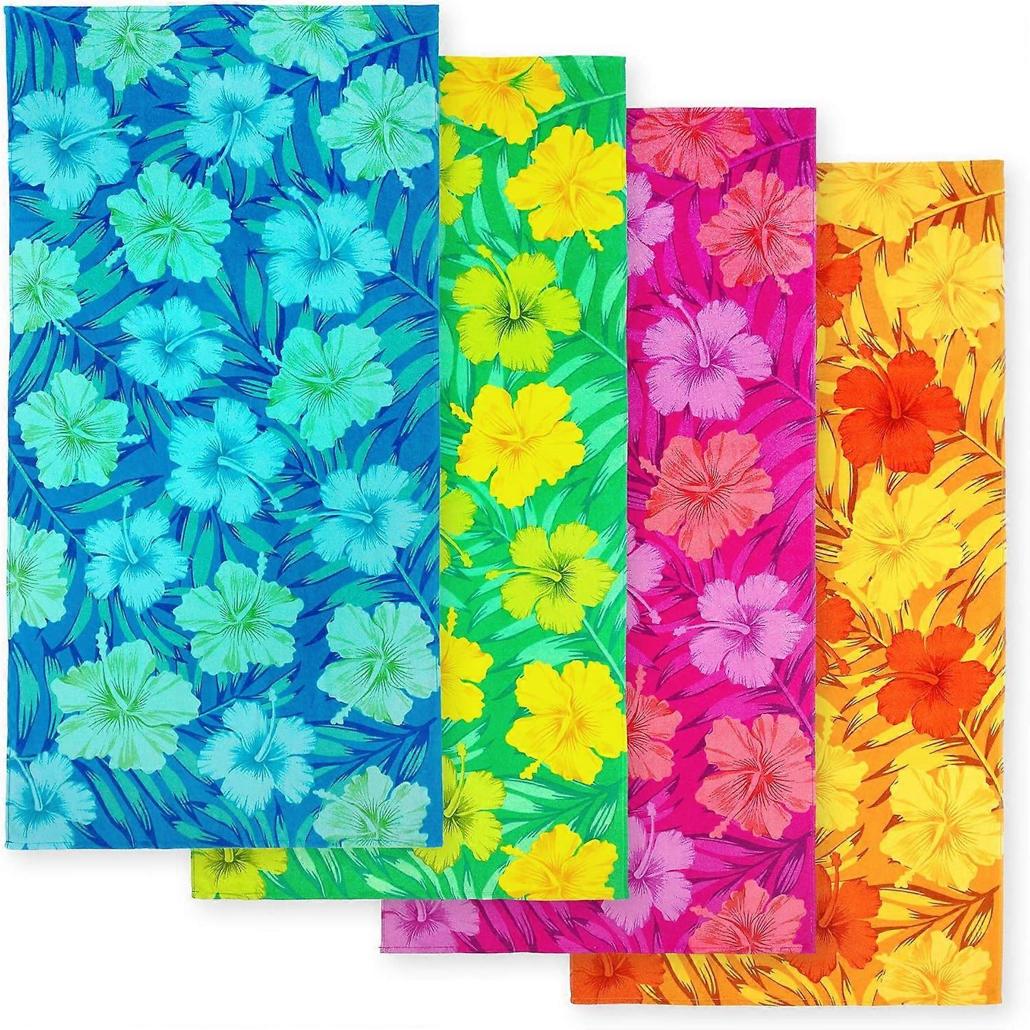 Colorful, Soft, Absorbent Hibiscus Reactive Beach Towels, 4-Pack