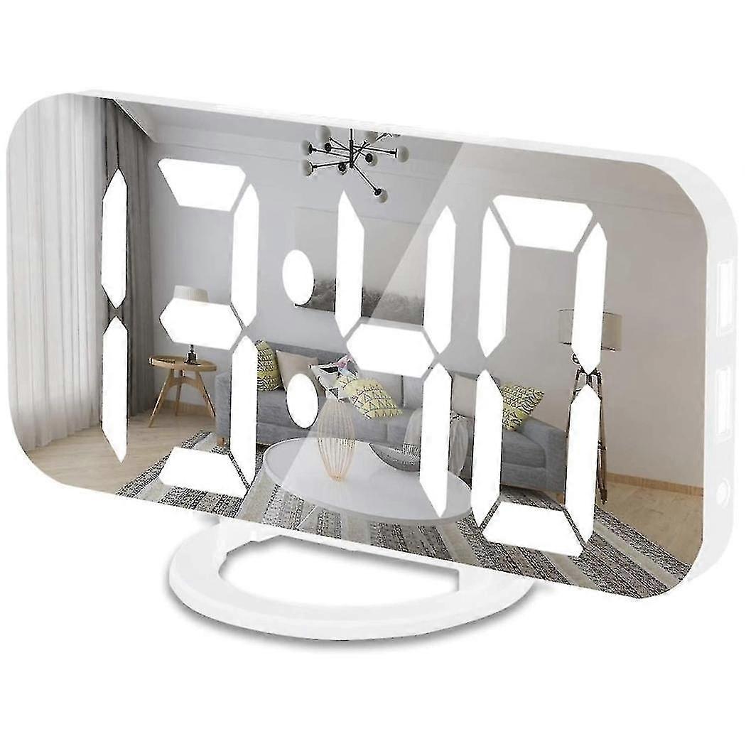 Digital Alarm Clock Mirrored Led Clock With Dual Usb Charger White