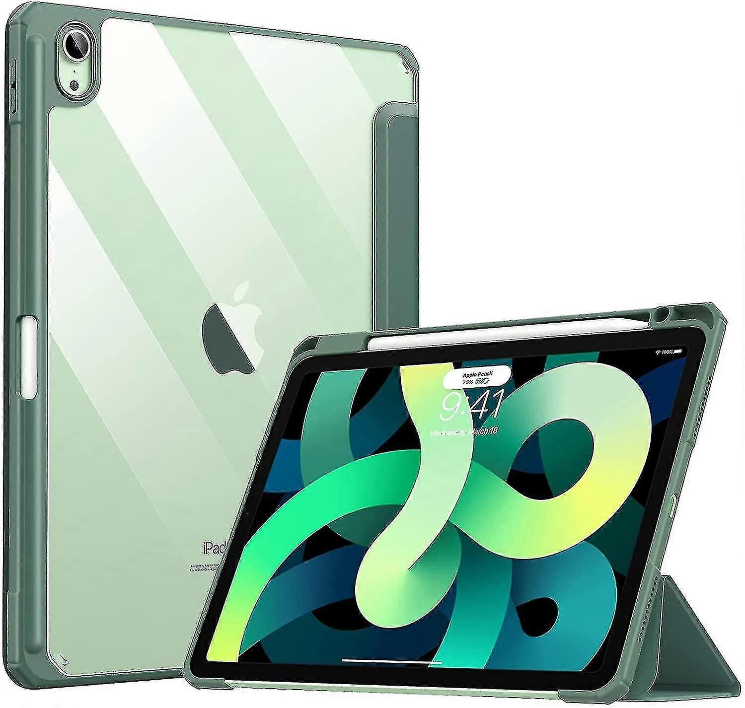 With Built-in Pen Holder Back Transparent Shockproof Auto Wake Ipad Cover (dark Green 9.7 Inch)