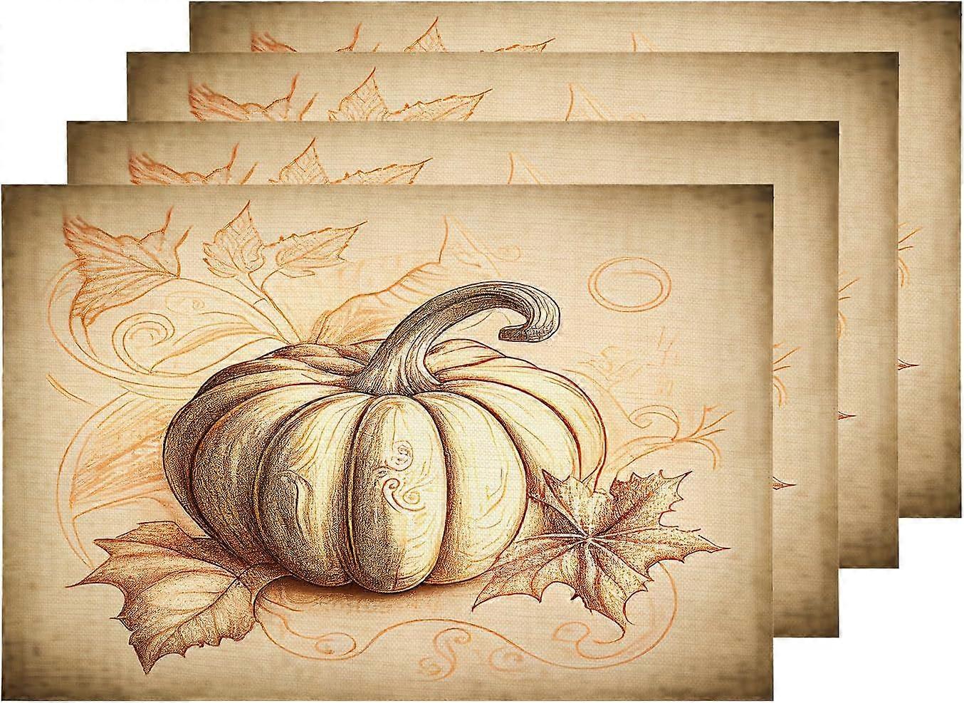 Autumn Pumpkins Cartoons Placemats, Hand-Painted Vines Artistic Simple Table Mat Linen Burlap Washable Double-Deck Heat Insulation for Dining Table Ki