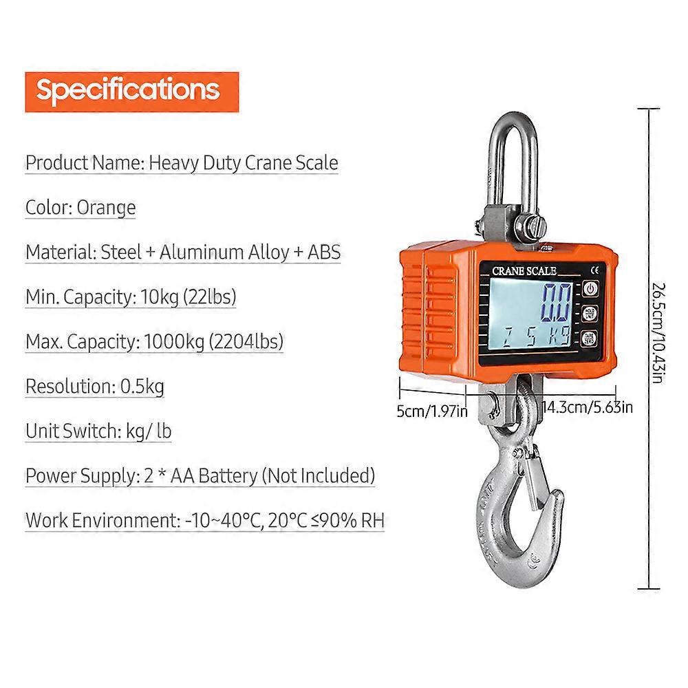 Digital Hanging Scale 1000kg Portable Heavy Duty Crane Scale Backlight Industrial Hook Scales Unit Change/ Data Hold/ Tare/ Zero