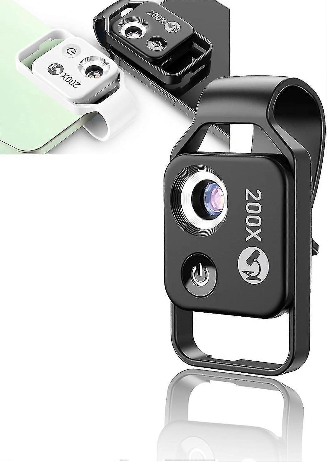 200X Phone Mini Pocket Microscope, Portable Digital Microscope Camera Attachments, with CPL Lens LED Light, Universal Clip Design (Black)