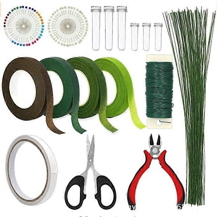 17 PCS Floral Arrangement Tool Kit, 4 Style Tape Strap Wrap, 1Style Floral Wire, 2 Style Scissors and Head Pins for DIY Wedding Bouquet
