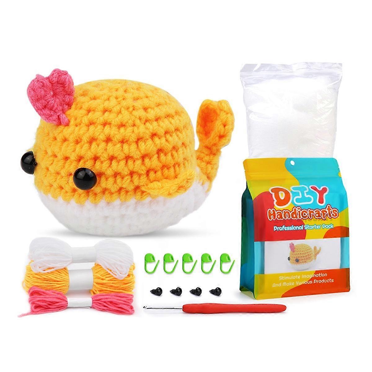 DIY Whale Crochet Kit with Knitting Yarn Needles Plush Doll Easy(Yellow)