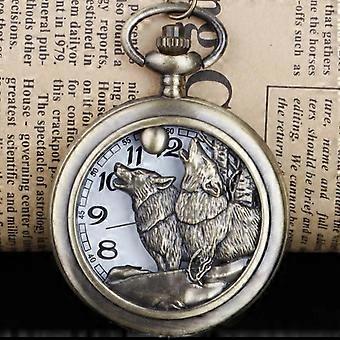 Klassische Vintage Wolf Moon Hohle Taschenuhr Bronze Quarz Taschenuhr Damen Herren Anhänger Herren Fob Kette Frauen Geschenk