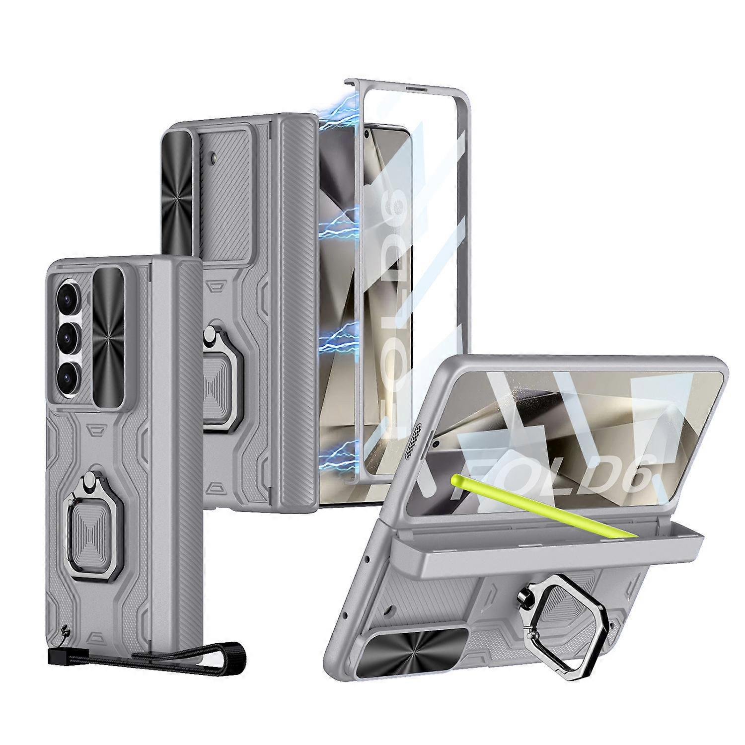 Samsung Galaxy Z Fold 6 Case with Ring Stand, Built-in Z Fold 6 S Pen Holder with Screen Protector & Slide Camera Cover Magnetic Hinge Coverage Shockp
